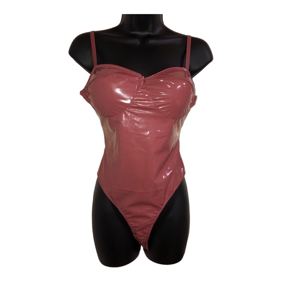 Mauve brown Patent leather glossy padded spaghetti strap bustier bodysuit size L - Picture 15 of 15